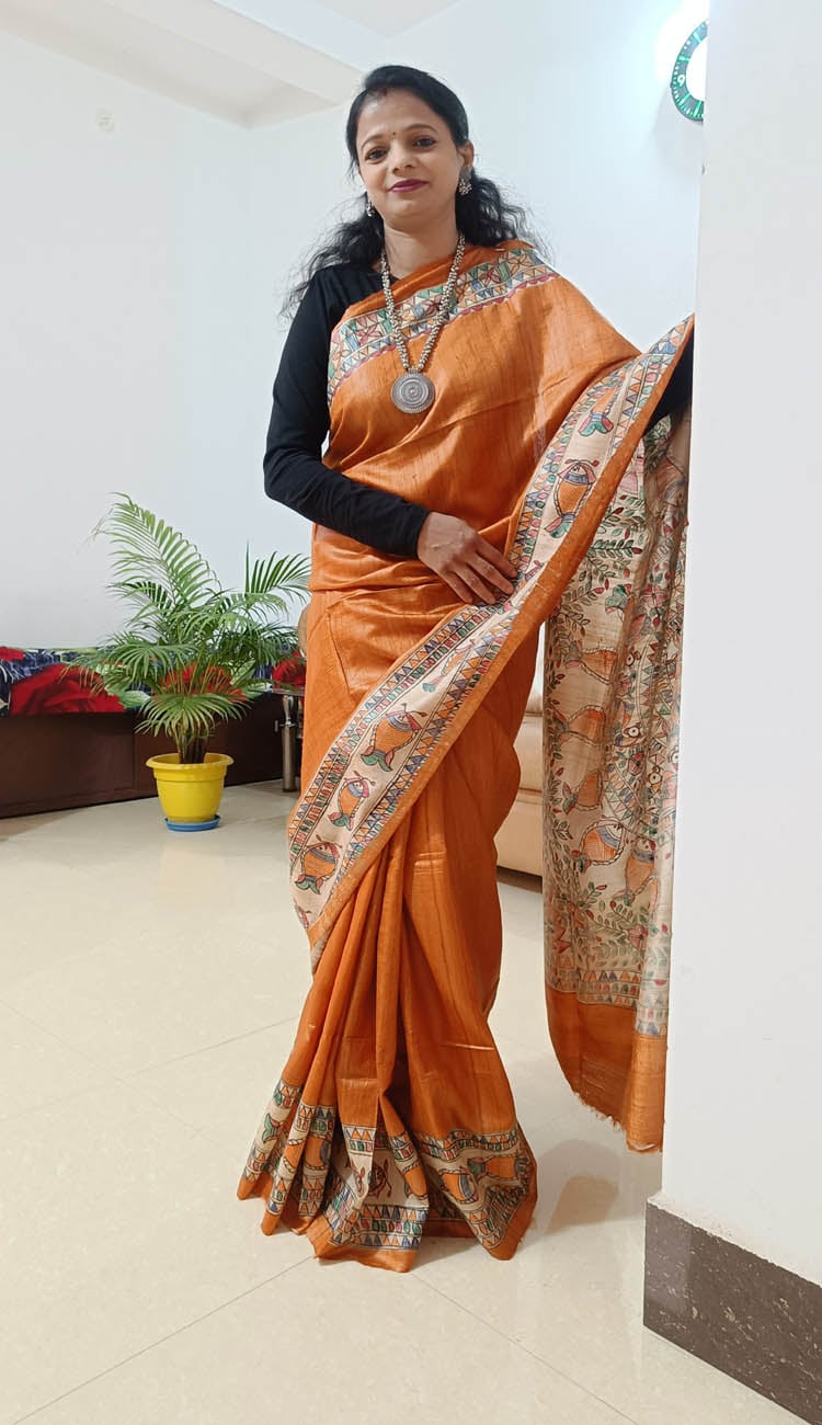 Handwoven | Hand Painted | Madhubani Art | Tussar Silk Saree