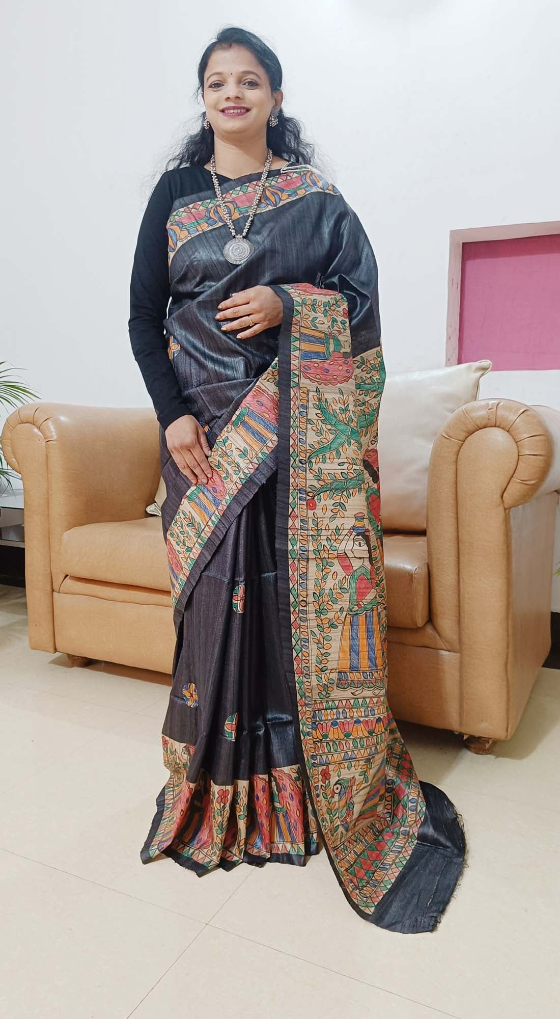 Handwoven | Handloom | Blac | Pure Bhagalpuri Tussar - Ghicha Silk Saree