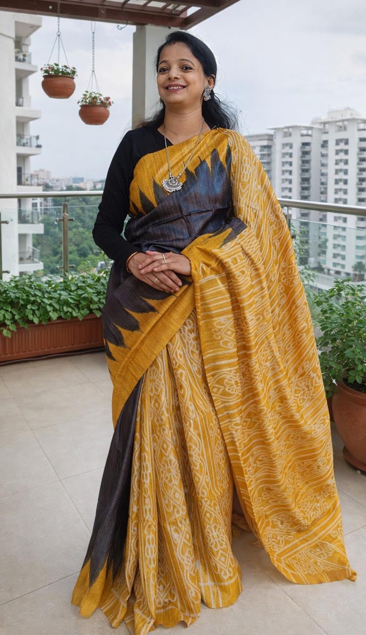 Handwoven | Printed | Black & Yello | Bhagalpuri Tussar- Ghicha Silk Saree