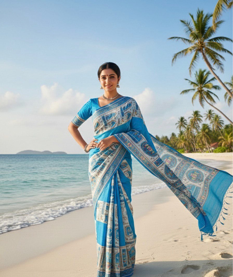 (SKY BLUE) TASSAR GHICHA PURE SILK SAREE 100% HANDLOOM