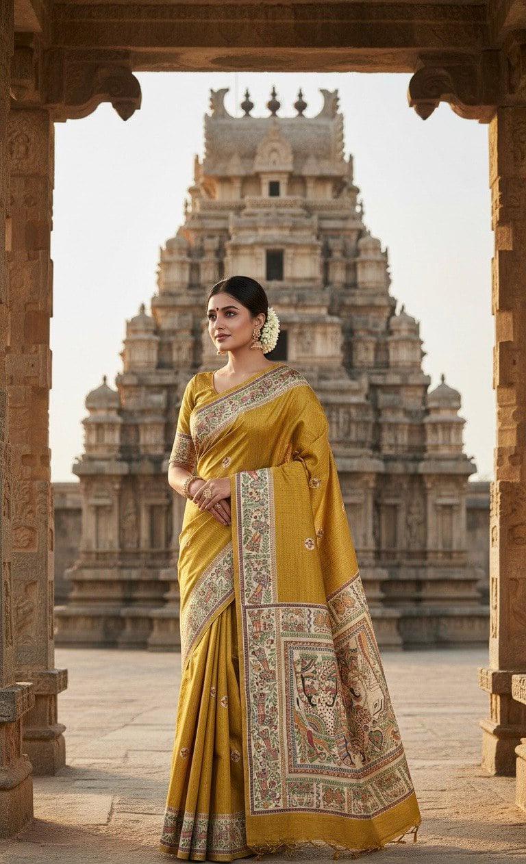 (YELLOW) TASSAR SILK HANDPRINT SAREE