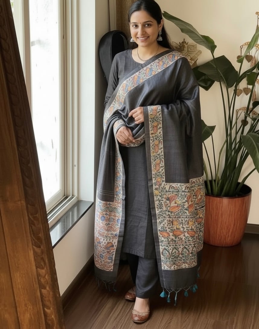 (Black) Tassar Ghichha Madhubani Hand Print Dupatta