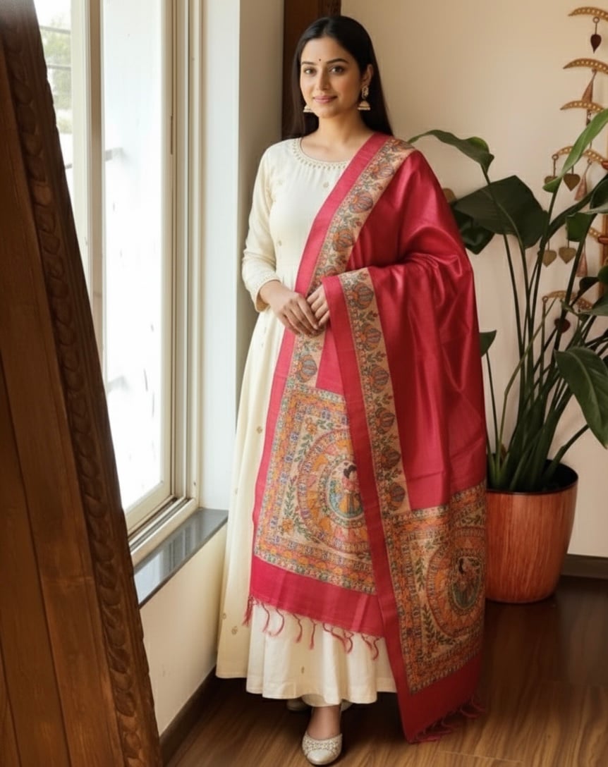 (Pink) Tassar Ghicha Madhubani Hand Printed Dupatta