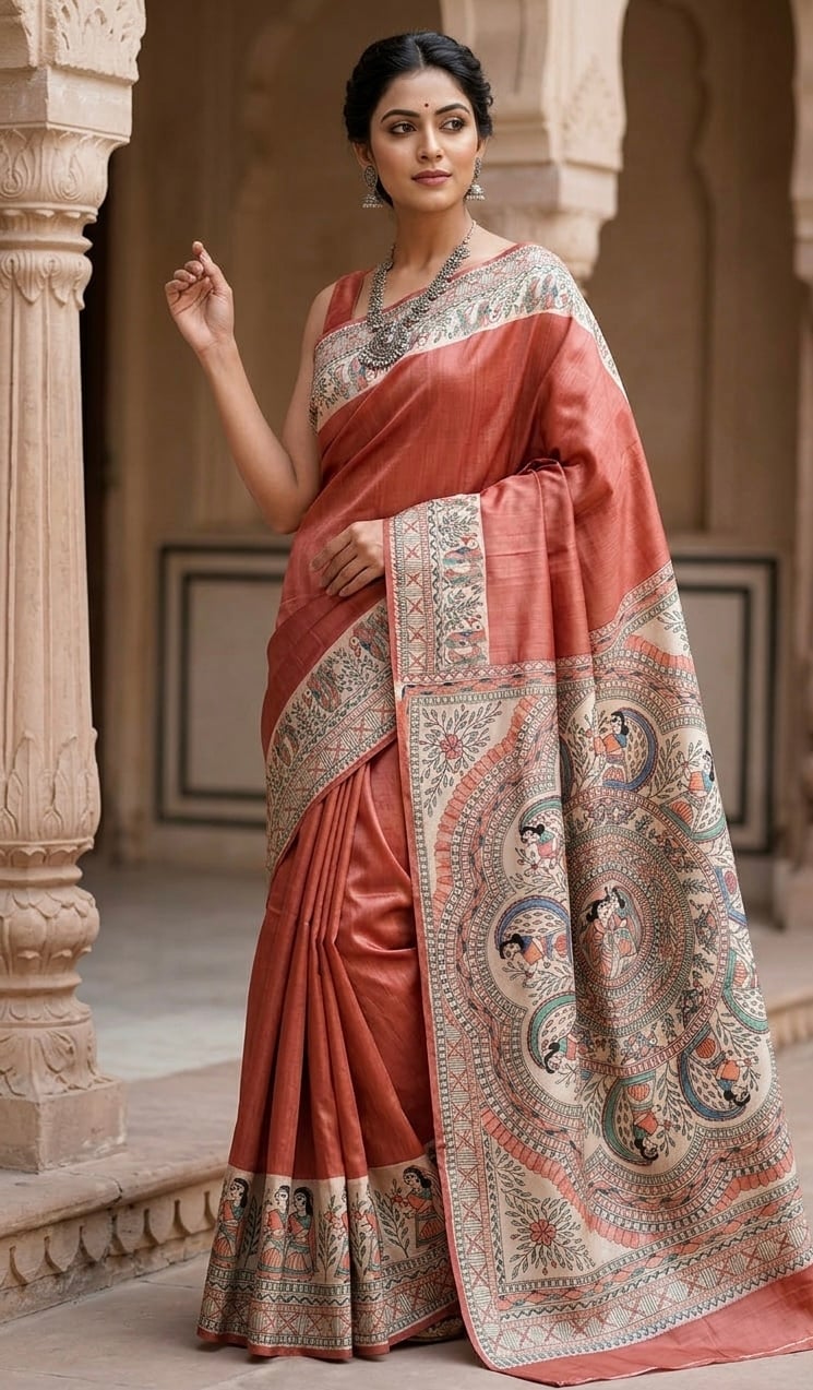 (Red)Tassar Ghichha Madhubani Handprint Saree