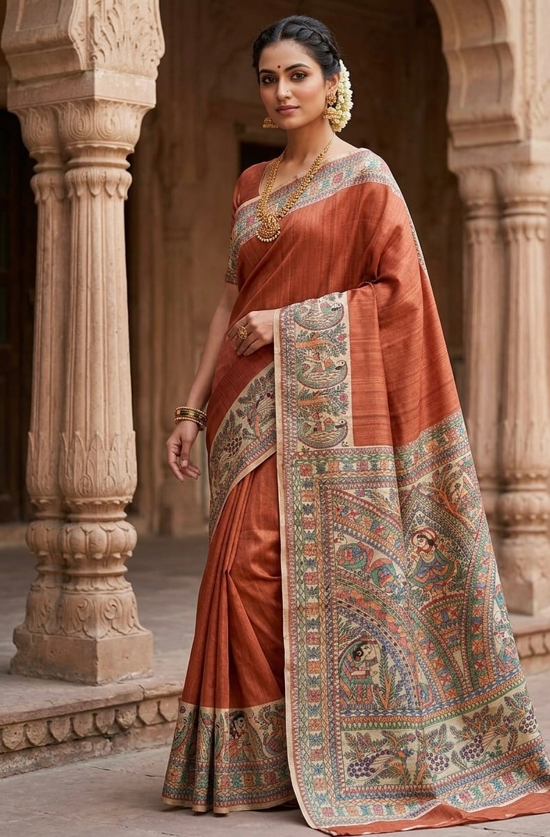 (Orange) Tassar Ghichha Madhubani Handprint Saree