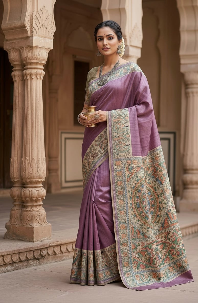 (Purple) Tassar Ghichha Madhubani Handprint Saree