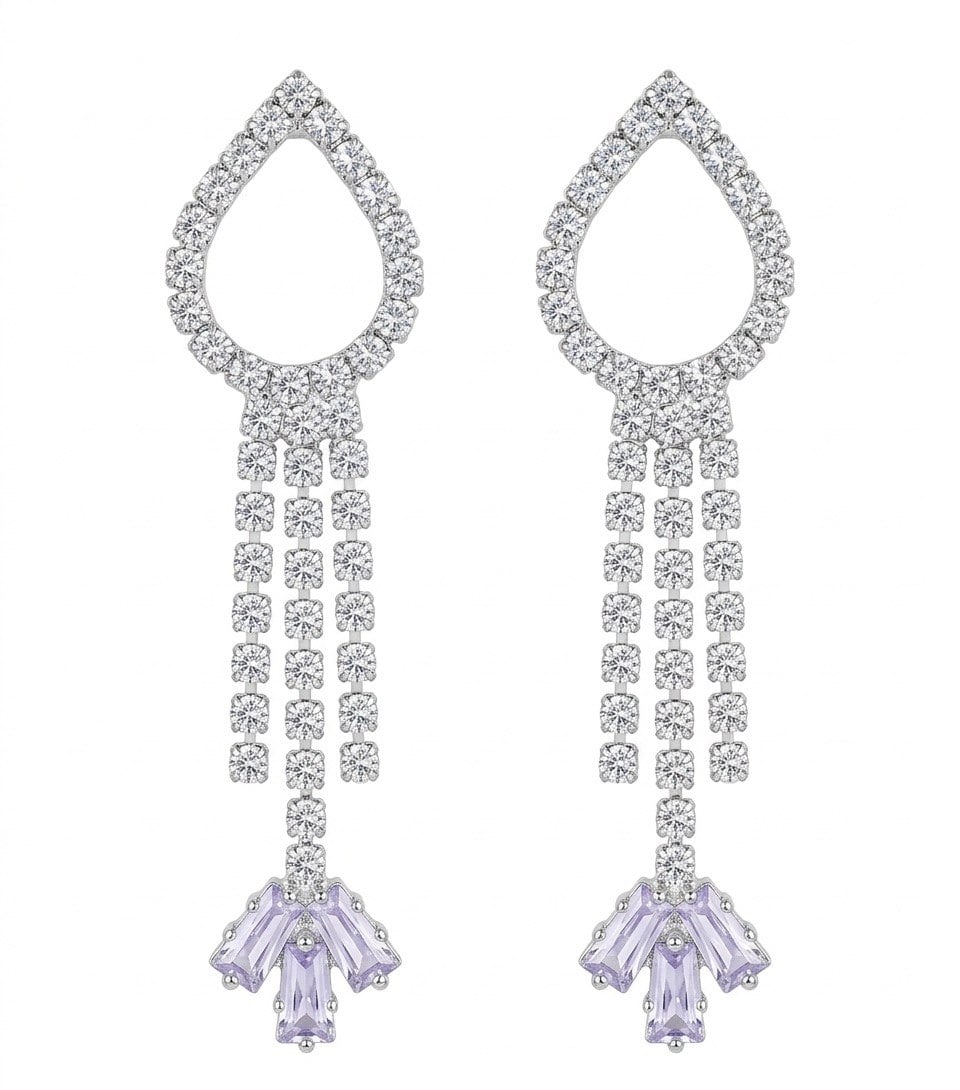 Long Unique Lavender Purple Crystal Dangle Earrings for Women, Purple Stone, Long Statement Earrings, Lightweight, Ethnic Western Fusion, Function Attending