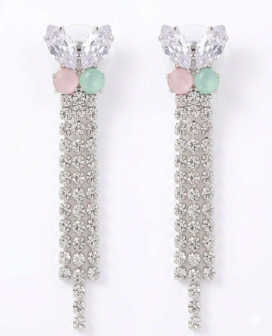 Light Pink & Greenish Butterfly Shaped Beautiful Crystal Dangle Earrings for Women, Stone, Long Statement Earrings, Lightweight, Ethnic Indo-Western Fusion, Function Attending